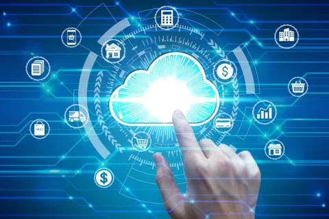 Finger touch with virtual cloud computing icon over the Network connection, C Foto stock