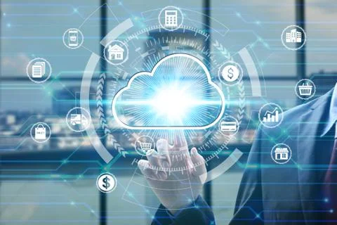 Finger touch with virtual cloud computing icon over the Network connection, C Foto stock