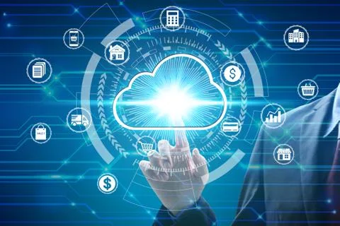 Finger touch with virtual cloud computing icon over the Network connection, C Stock Photos