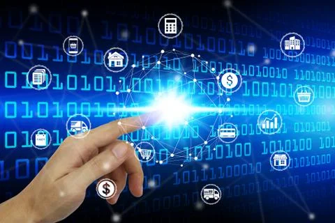 Finger touch with virtual cloud computing icon over the Network connection, C Foto stock