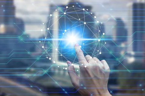 Finger touch with virtual screen over the Network connection Stock Photos