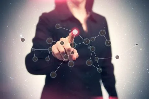Finger Touches Button Interface in a Constellation Network Pattern Stock Illustration