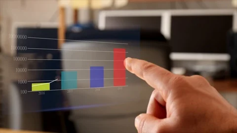 Finger touches interactive 3D heads up display that show glow points. Stock Footage 101974744