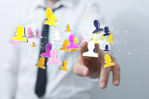Finger touching a 3d rendering of floating connected profile icons Stock Photos