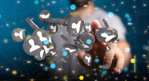 Finger touching a 3d rendering of floating connected profile icons Stock Photos