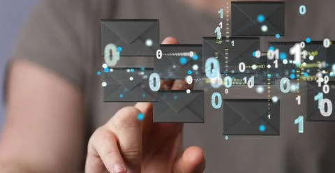 Finger touching a 3d rendering of floating connected message icons Foto stock