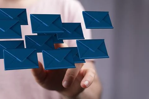 Finger touching a 3d rendering of floating connected blue message icons Foto stock