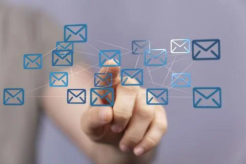 Finger touching a 3d rendering of floating connected message icons Foto stock