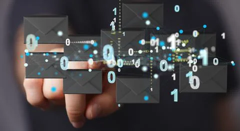 Finger touching a 3d rendering of floating connected message icons Foto stock