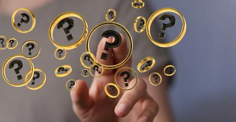 Finger touching a 3d rendering of floating question marks Stock Photos