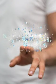 Finger touching a 3d rendering of floating connected numbers Foto stock