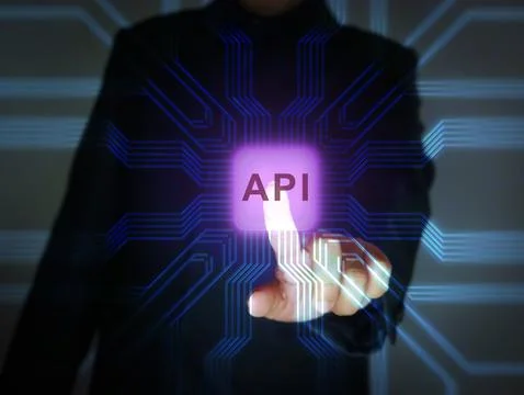 Finger touching, activating, starting API - Application Programming Interface Fotos de archivo