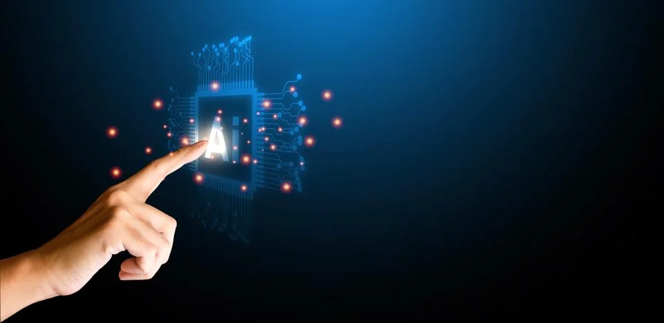 Finger touching on artificial intelligence (Ai) with circuit board on blue .. Stock Photos