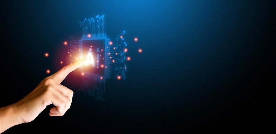 Finger touching on artificial intelligence (Ai) with circuit board on blue .. Stock Photos