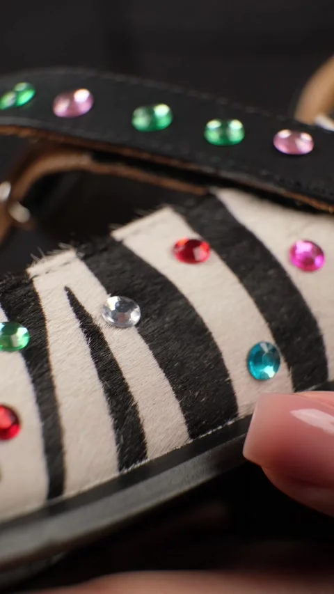 Finger Touching Beaded Zebra Pattern Shoe Stock Footage 303775271