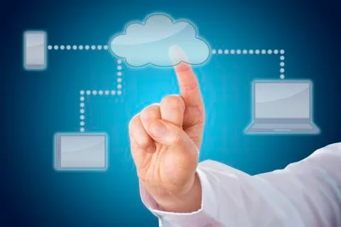 Finger Touching Cloud Linked To Mobile Devices Stock Photos