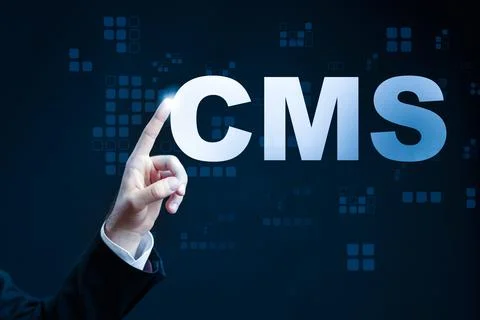 Finger touching CMS text for digital content management system activation Stock Photos