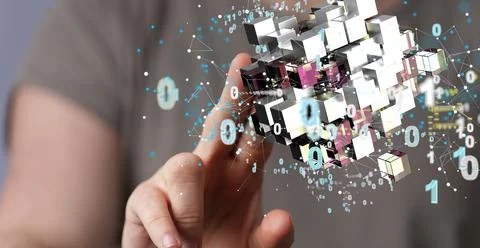 Finger touching a data Internet infrastructure concept and binary code 스톡 사진