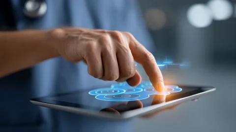 Finger touching digital brain interface tablet showcasing, AI generated Stock Footage 338024361