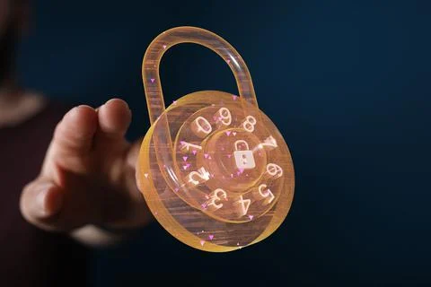 Finger touching a digital concept of security with floating padlock and binary c 스톡 사진