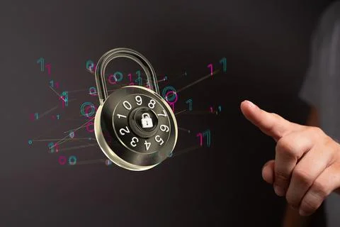 Finger touching a digital concept of security with floating padlock and binary c 스톡 사진