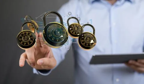 Finger touching a digital concept of security with floating padlocks and binary Foto stock