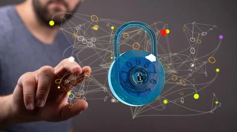 Finger touching a digital concept of security with floating padlock and binary c 스톡 사진
