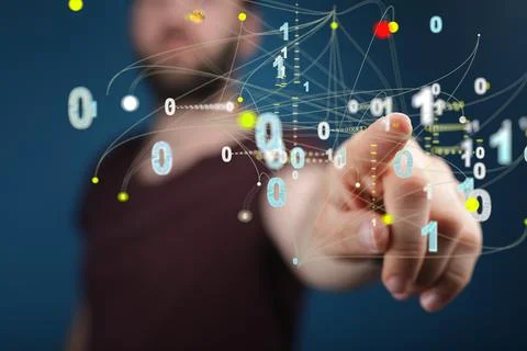 Finger touching a digital illustration of binary code Stock Photos