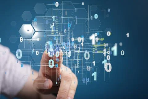 Finger touching a digital illustration of binary code 库存照片