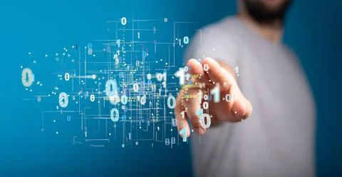 Finger touching a digital illustration of binary code 写真素材