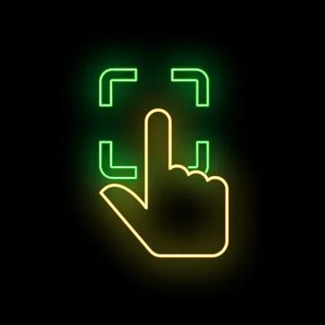 Finger touching digital interface with scanning target neon glow Stock Illustration
