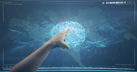 Finger touching display spawning sphere morphing globe into neural network brain Stock Footage 311663789