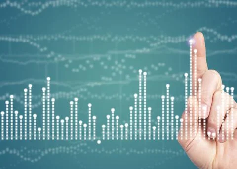 Finger touching economic graph background. Financial analytics, business char Stock Photos