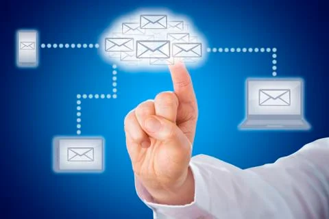 Finger Touching Email Cloud In Messaging Network Stock Photos