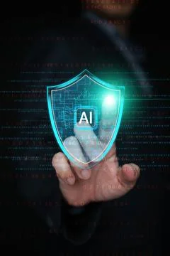 Finger touching glowing AI shield hologram over digital code background, re.. Stock Photos