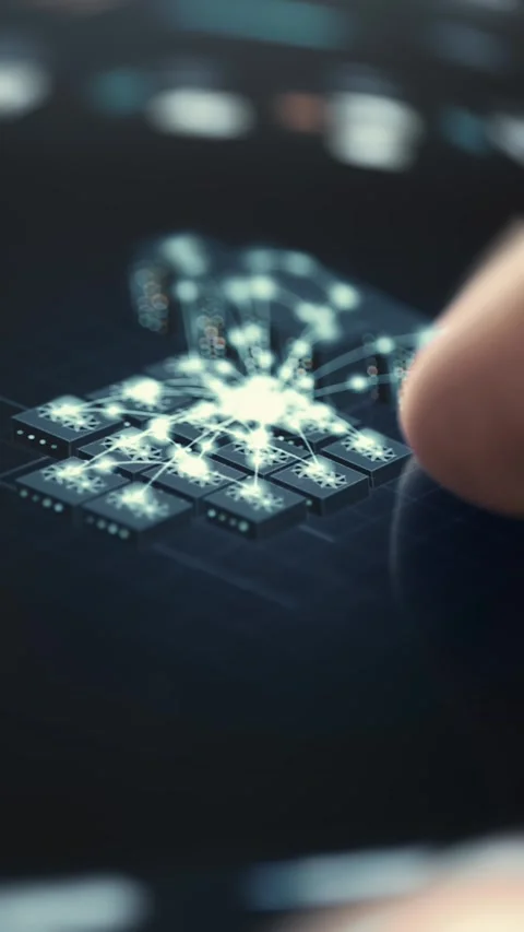 Finger Touching Illuminated GPU Processor Cluster 4K Stock Footage 341337573