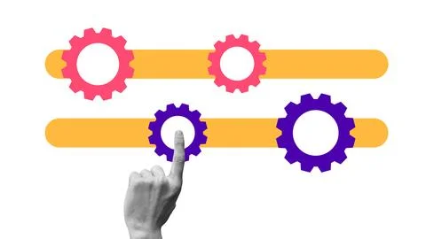 Finger touching interactive timeline with moving gears, representing digital 스톡 사진