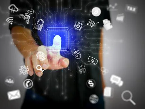 A finger touching or activating a virtual screen with many internet activities Stock Photos