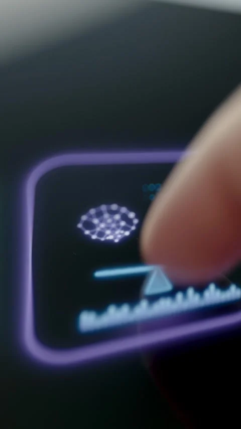 Finger Touching Purple Neural Network Icon On Mobile Interface 4K Stock Footage 341347239