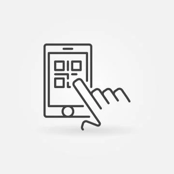 Finger touching QR code in smartphone vector line icon Stock Illustration
