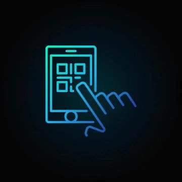 Finger touching QR code in smartphone vector blue outline icon o 库存插图