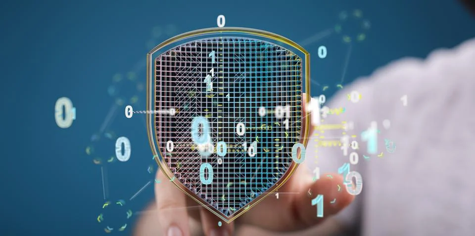 Finger touching a security shield concept, binary code, and data protection Stock Photos