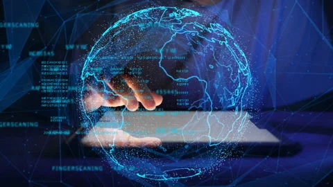 Finger touching tablet with global network. social network concept Stock Footage 153832384