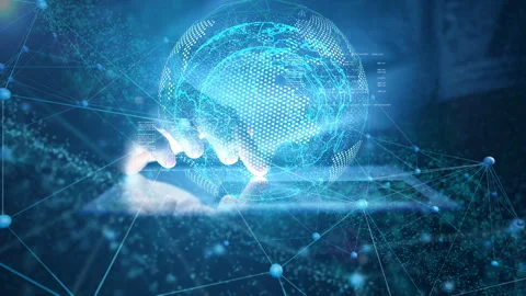 Finger touching tablet with global network Stock Footage 252724260