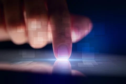 Finger touching tablet with identification concept Stock Photos