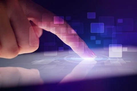 Finger touching tablet with identification concept 库存照片