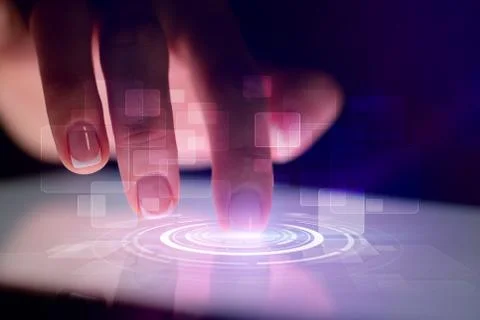 Finger touching tablet with identification concept 库存照片