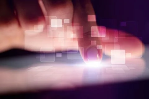 Finger touching tablet with identification concept 库存照片
