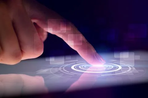 Finger touching tablet with identification concept Stock Photos