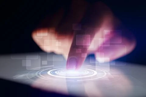 Finger touching tablet with identification concept 库存照片